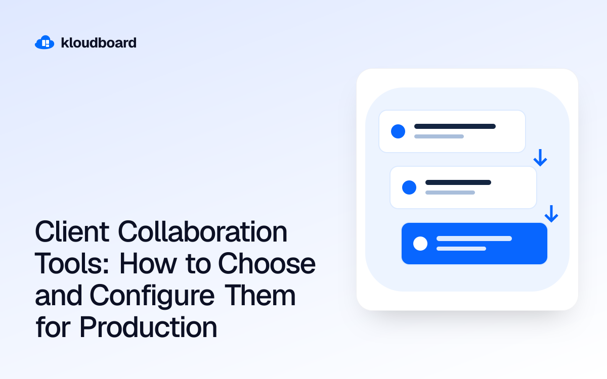 Client Collaboration Tools: How to Choose and Configure Them for Production — three workflow cards linked by arrows.