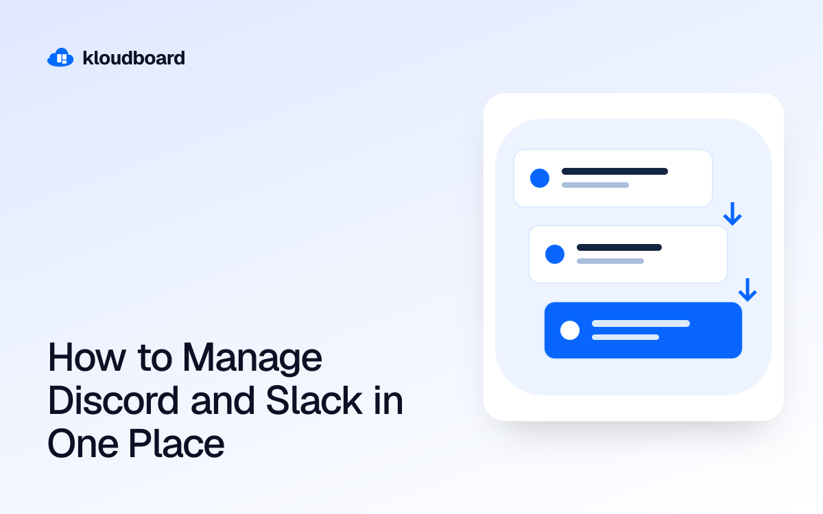 How to Manage Discord and Slack in One Place — three workflow cards linked by arrows.